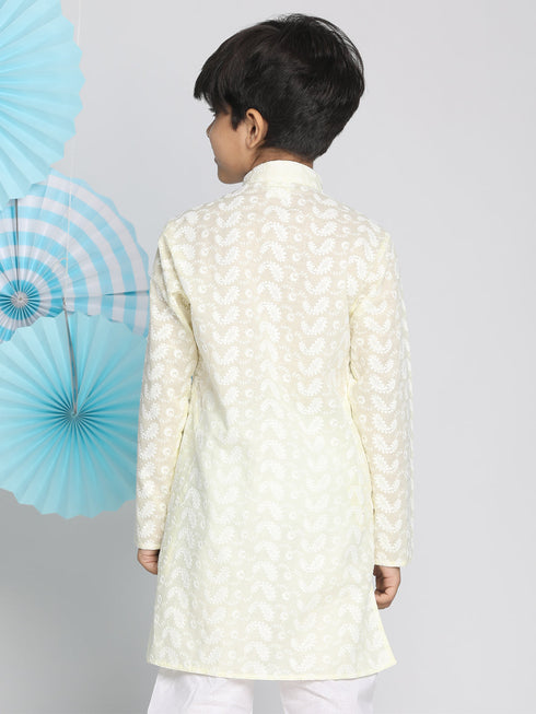 Vastramay Yellow Pure Cotton Chikankari Kurta Baap Beta Set